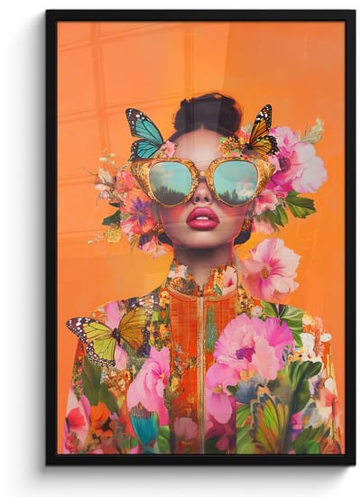 Poster in lijst - Fotolijst 60x90 cm - Posters - Vlinders - Vrouw - Zonnebril - Kleurrijk - Posterlijst zwart - Decoratie - Wanddecoratie woonkamer - Muurdecoratie slaapkamer