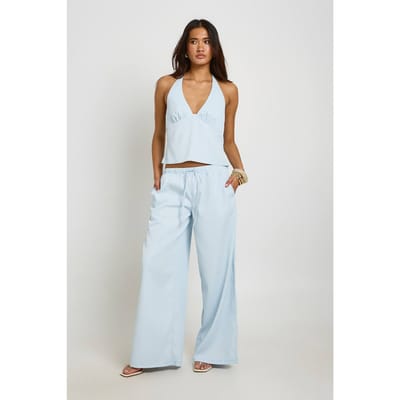 boohoo Dames Gestructureerde Geweven Haltertop En Wijde Broek Set | ijsblauw | Maat: 36