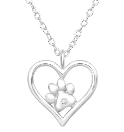 Joy|S - Zilveren hartje hanger met dierenpootje - inclusief ketting 45 cm - poot afdruk - zirkonia - kinderketting
