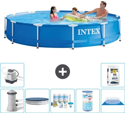 Intex Rond Frame Zwembad - 366 x 76 cm - Blauw - Inclusief Pomp - Afdekzeil - Onderhoudspakket - Filter - Grondzeil - Zoutwatersysteem - Zwembadzout - 8-delig
