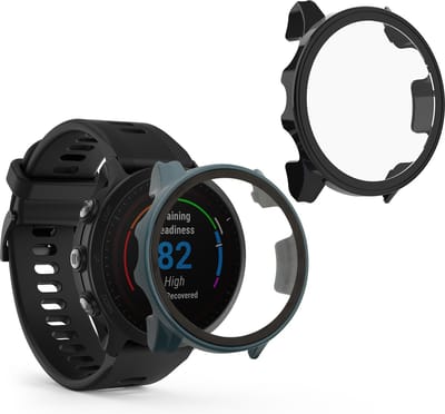 kwmobile 2x cover geschikt voor Garmin Forerunner 955 Solar - Fitnesstracker cover van gehard glas en kunststof frame set zwart / donkergroen