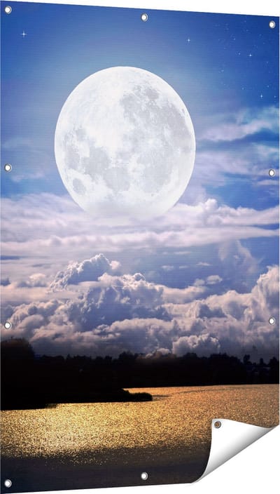 Gards Tuinposter Volle Maan bij het Water - 80x120 cm - Tuindoek - Tuindecoratie - Wanddecoratie buiten - Tuinschilderij