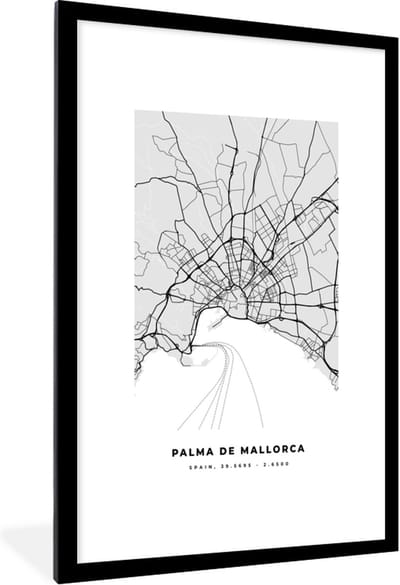 Fotolijst incl. Poster Zwart Wit- Mallorca - Stadskaart - Zwart Wit - Plattegrond - Kaart - 80x120 cm - Posterlijst