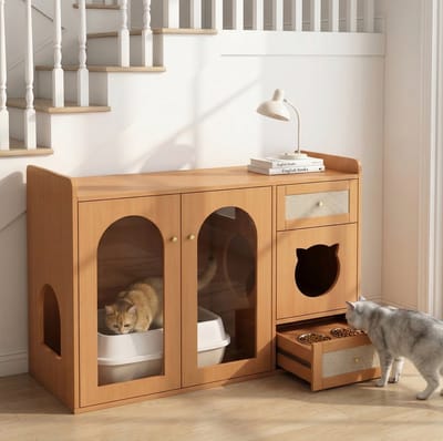 MIVRAY Kattenbakcontainer - 5-In-1 Kattenhuis Met Voerbakken En Opbergruimte - Voor Woonkamer - Hout En Glas - 120x45x76 Cm - Walnoot