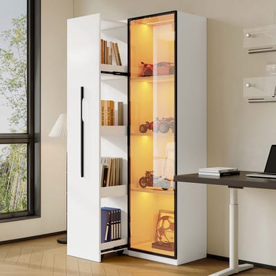 BLACKCOLORS - Multifunctionele kast - 160 cm hoog - Boekenkast en vitrinekast - Deuren van gehard glas - Aluminium deurkozijn - 1 deur - 1 zijlade - Met wieltjes - Met ledverlichting - Vitrinekast - Eetkamer