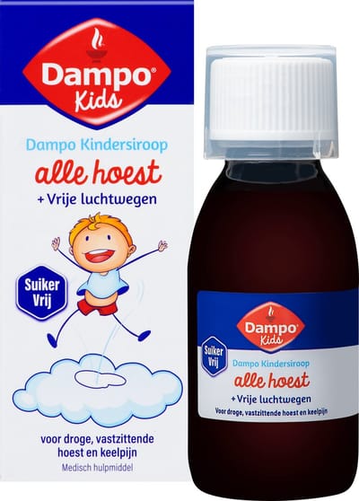 Dampo Kids Kindersiroop Alle hoest + Vrije luchtwegen - Voor droge, vastzittende hoest en keelpijn - Suikervrij - Medisch hulpmiddel - 120 ml
