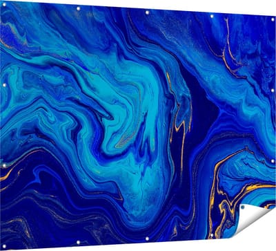 Gards Tuinposter Abstracte Kunst - Blauw met Gouden Verf - 160x120 cm - Tuindoek - Tuindecoratie - Wanddecoratie buiten - Tuinschilderij