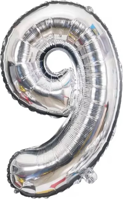 New Age Devi - XL Folieballon - 100cm - Opblaasrietje - Cijfer 9 - Zilver - 9 jaar - 1 meter groot - Mix Match met andere cijfers en kleuren