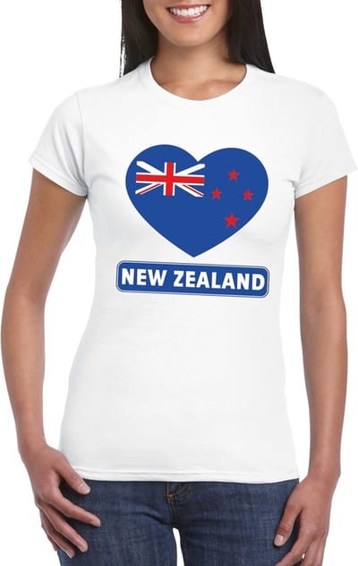 Nieuw Zeeland t-shirt - met hartjes vlag print - wit - voor dames - korte mouwen - landen supporters S