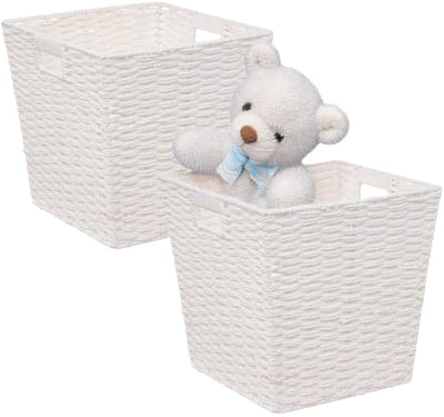 5Five Rieten opbergmand - 2x - gevlochten - wit - 31 x 31 x 31 - Kast-/badkamer mandjes - metaal/kunststof