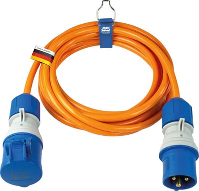 Camping verlengkabel 5 m - 230 V / 16 A / 3-polig - CEE-stekker met spanningsweergave - CEE-koppeling met klapdeksel - verlenging voor camper - Made in Germany - IP44