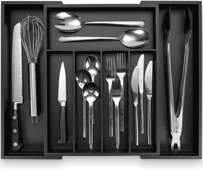 Famanu - Bamboe bestekbak #38, zwarte uitschuifbare keukenlade-organizer, strak en stijlvol design