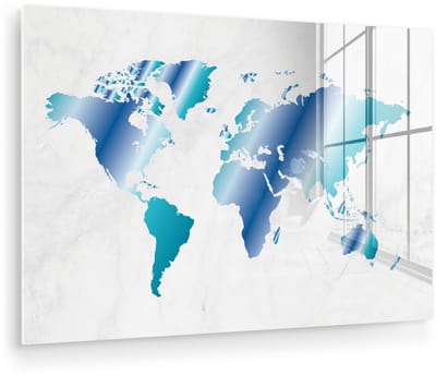 ® Glasschilderij 150x100 cm - Schilderij acrylglas - Wereldkaart - Blauw - Marmer - Foto op glas - Muurdecoratie woonkamer - Wanddecoratie slaapkamer - Schilderijen