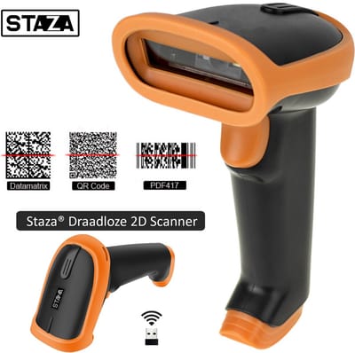 Staza® Barcode Scanner - Draadloos - Handscanner voor 1D Barcodes & 2D QR Codes | Plug & Play | Scannen van Papier en van Beeldscherm