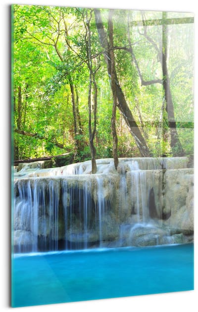 Wallfluent Glasschilderij - Landschap met een waterval in het bos Glas Schilderij - 40x60 cm - Groente Verticale Muurschildering - Landschap Foto Op Glas - Glas Foto - Foto In Glas