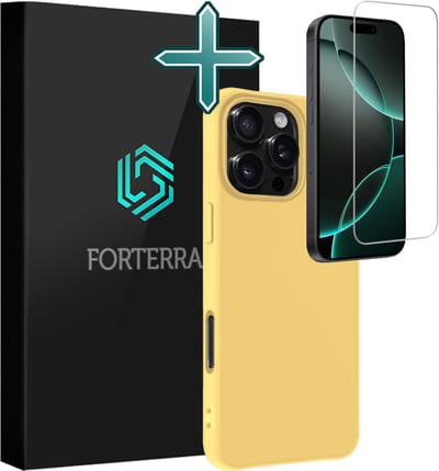 Hoesje Met Screenprotector - Geschikt voor Apple iPhone 16 Pro - Sterk & Shockproof - Telefoon Hoes - Back Cover - Siliconen Case - Geel