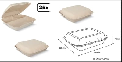 25x Menubox 3-vaks IP4 suikerriet BIO licht bruin - Menu food maaltijd festival thema feest party
