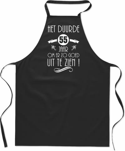 Het duurde 55 jaar - keukenschort - kookschort - 100% katoen - BBQ - barbecue - verjaardag en feest - cadeau - kado - unisex - zwart