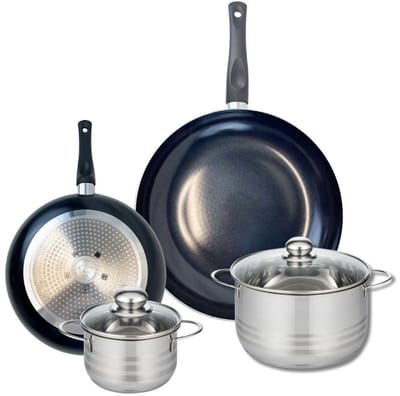 Set van 2 Koekenpannen 24 en 32 cm en 2 kookpotten 16 en 20 cm Elo Prima Glanzend