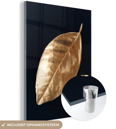 MuchoWow® Glasschilderij 120x160 cm - Schilderij acrylglas - Bladeren - Black en gold - Luxe - Natuur - Planten - Foto op glas - Schilderijen