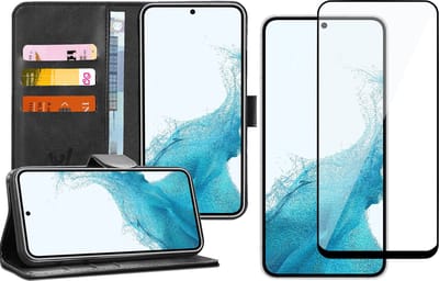 Hoesje geschikt voor Samsung Galaxy S22 - Book Case Kunstleer Wallet Cover Portemonnee Pasjeshouder Hoes Zwart - Full Tempered Glass Screenprotector