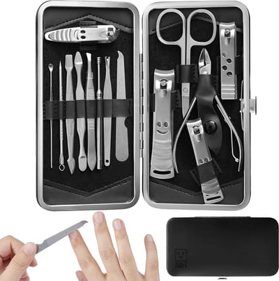 Manicure Pedicure Set - Nagelverzorging Kit - Verzorgde Nagels - 14 Delig Roestvrij Staal - Compact Etui - Zwart