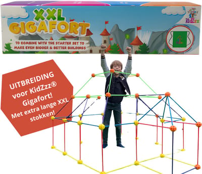KidZzz® Gigafort XXL - Maak je Gigafort twee keer zo groot - Bouw nóg grotere forten - Extra lange Stokken - Extra grote Draagtas - Bouwspeelgoed - Hut bouwen - Speeltent - STEM speelgoed - Constructiespeelgoed - Bouwset - 45 onderdelen