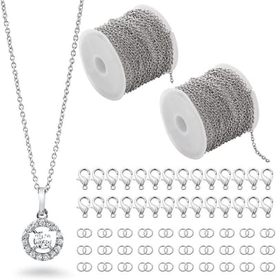 2 Stuks 5 Meter Knutselketting Set met 30 Karabijnhaken en 60 Sluitringen - Zilveren Roestvrij Stalen Sieraden Maken