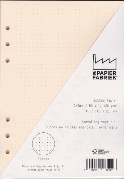 Aanvulling  A5 Notitiepapier voor Planner - A5 - 50 vel - Dotted – Crème Gekleurd Papier - 120 g/m².