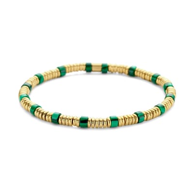 CO88 Collection 8CB-90820 Stalen Armband - Dames - Groen Malachiet - Kralen - 4 x 2 mm - 17 cm - Goudkleurig