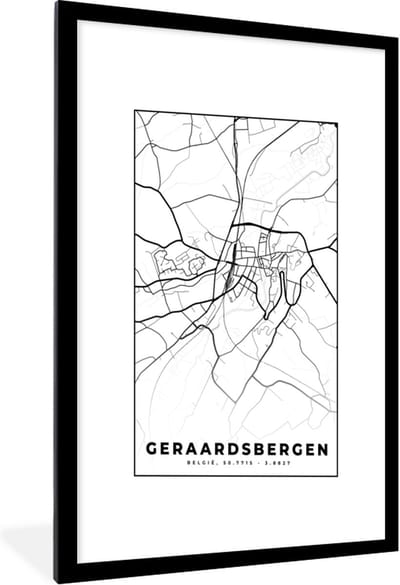 Fotolijst incl. Poster Zwart Wit- Kaart – Plattegrond – Stadskaart – Geraardsbergen – België – Zwart Wit - 60x90 cm - Posterlijst