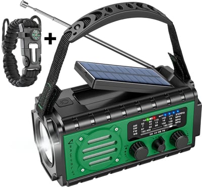 RAWVOLT® - NIEUW - Noodradio SW20K - 20000mAh Li-ion Accu - Solar Opwindbaar - Powerbank, Zaklamp, SOS Alarm & Leeslamp - 2026 model voor indoor, outdoor en in noodpakket - incl. Multi-Function Survival Armband - Army Green