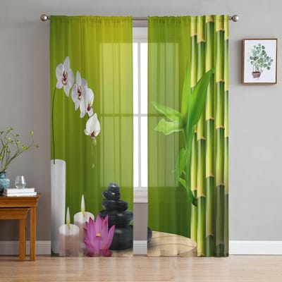 Bamboe Bladeren Steen Plumeria Transparante Gordijnen Raamgordijnen Voor Woonkamer Slaapkamer Jaloezieën Kinderkamer Huisdecoratie 135W x 114H(cm)