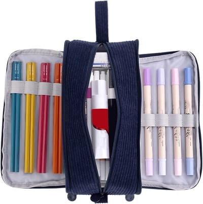 SnelShoppen - Grote Capaciteit Corduroy Pennenhouder met 3 Compartimenten voor 50+ Pennen, Duurzame Schoolaccessoires met Rits, Donkerblauw voor Schoo