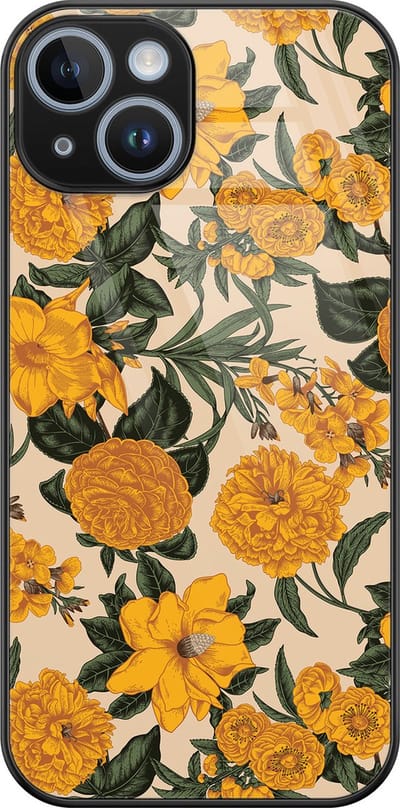 Hoesje geschikt voor iPhone 14 - Retro flowers - Luxe Glazen Hardcase - Bloemen - Geel - Leuke Telefoonhoesjes