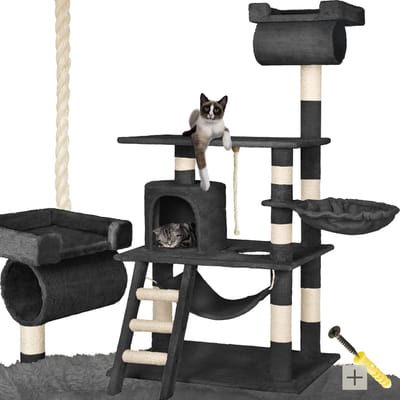 tectake® Krabpaal voor Katten – 141cm Zwart – Krabmeubel met Hangmat, Grot, Trap, Buis en Speelkoord – Sisal en Pluche – Grote Kattenkrabpaal voor Speelplezier en Rust