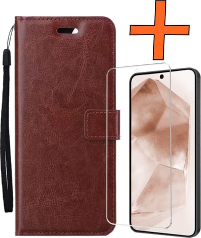 Hoes - Met Screenprotector - Geschikt voor Samsung Galaxy A55 - Luxe Pasjeshouder - Bookcase Portemonee - Flip Case - Kunstleer Book Case - Flipcase - Book Cover - Walletcase - PortemonneeHoes - Bruin