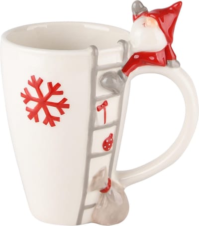 Dekoratief | Mok m/santa op ladder, wit/rood, keramiek, 13x9x10cm | A235200