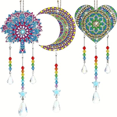 1 ensemble de carillons éoliens à faire soi-même, peinture diamantée, lune et soleil, décoration de fenêtre de chambre à coucher, cadeaux faits main, artisanat sun