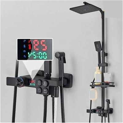 Douchekraan Digitaal Display - Thermostatische Mengkraan - Badkamer Comfort - Vier Functies - 8 Inch - Zwart