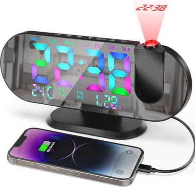 Projectiewekker met 180° Draaibare Projector en RGB Kleurenspiegelweergave - Digitale Alarmklok met Temperature- Weergave en USB Oplaadpoort