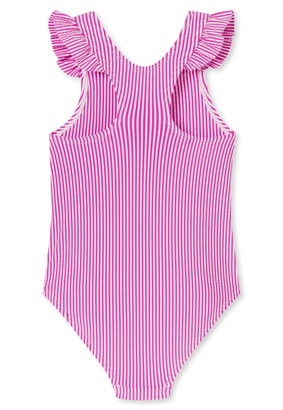 Badpak met seersucker-strepen en ruches, fuchsia - aquablauw 92