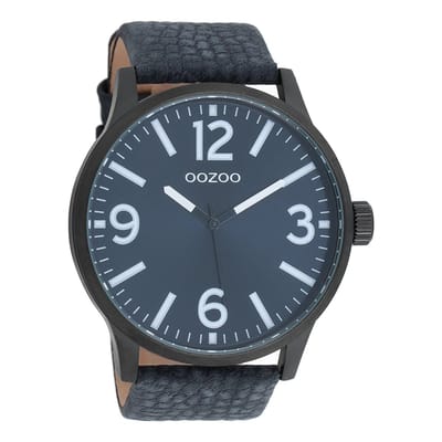 OOZOO Timepieces - Zwarte horloge met donker blauwe leren band - C8572