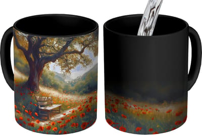 Magische Mok - Foto op Warmte Mokken - Koffiemok - Bankje - Boom - Klaprozen - Heuvels - Magic Mok - Beker - 350 ML - Theemok