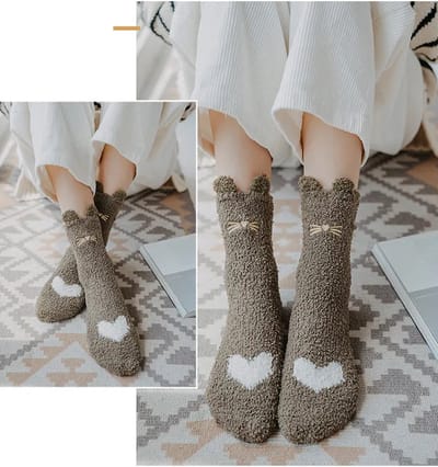 Fluffy Sokken dames - huissokken - warme sokken - groen - bruin - met leuke print kat met oren - 36-40 - cadeau voor haar - geschenk vrouwen - Kerst cadeau - verjaardagscadeau - gift