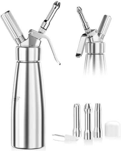 GELLDG Aluminium crème spuitpistool - 500 ml - met 3 roestvrijstalen spuitmondjes en 1 reinigingsborstel - Geschikt voor het decoreren van verjaardagstaarten, gebak, ijs en desserts