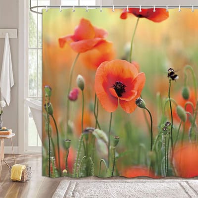 Klaproos Douchegordijn Rode Bloemen Douchegordijnen voor Badkamer Botanisch Bloemen Badkamer Gordijn Huisdecoratie met Haken W90xH180cm(35x70 in)