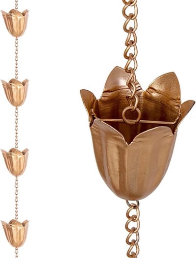 Regenketting - Dakgoot decoratie - Dakrand versieren - 12 Lotus cups - 25 meter - Koperkleurig