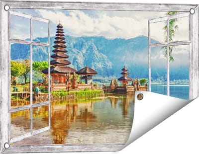 Gards Tuinposter Doorkijk Pura Tempel in Bali op het meer Beratan - 60x40 cm - Tuindoek - Tuindecoratie - Wanddecoratie buiten - Tuinschilderij