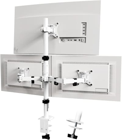 TIM® Monitorarm 3 schermen - Muurbeugel - Triple Beeldschermarm - Muurbeugel Monitor - Monitorbeugels - Monitorbeugel 3 schermen - Draaibaar, Kantelbaar En In hoogte verstelbaar - Wit - 42cm x 18cm x 17cm